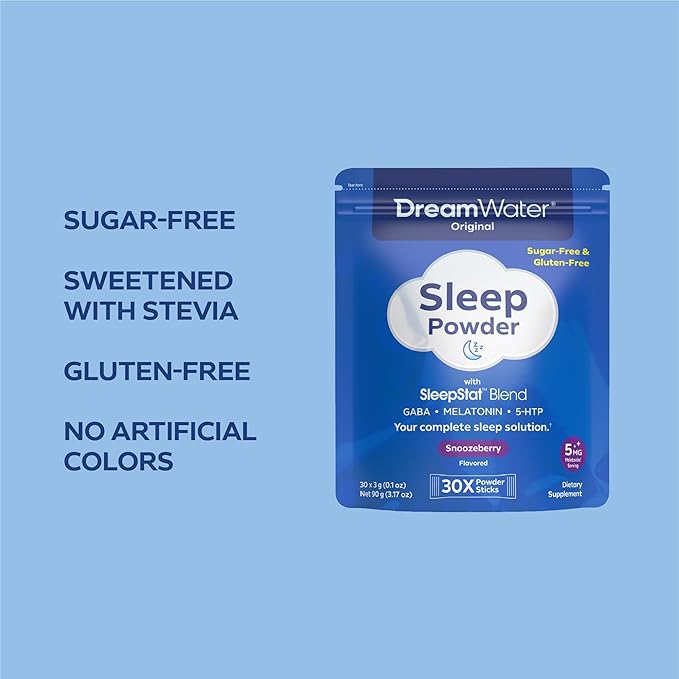 Dream Water Sleep Aid Powder; Melatonin 5mg, GABA, 5-HTP; Natural Flavors; Helps You to Fall Asleep, Fast, and Wake Refreshed; Snoozeberry, 30-Count.
