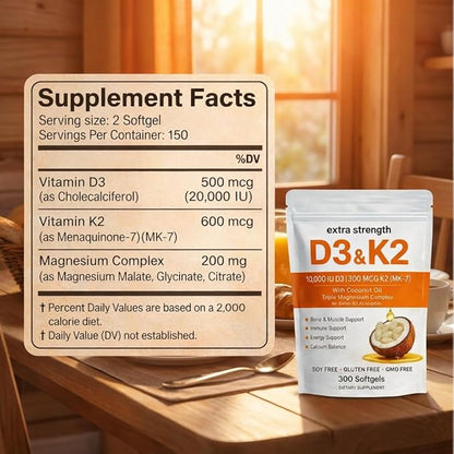 ELVERA Vitamin D3 K2 Magnesium Complex, Extra Strength D3 & K2 with Triple Magnesium Softgels, D3 K2 Vitamin 10000 IU Softgels(1)
