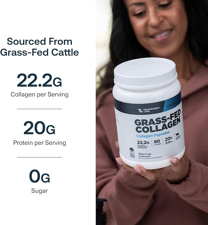 Transparent Labs Grass-Fed Collagen Peptides Powder - Collagen Powder for Women & Men, 22G Bovine Hydrolyzed Collagen Peptides Powder for Skin, Hair, Joint & Muscle Recovery - Unflavored, 30 Servings