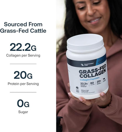 Transparent Labs Grass-Fed Collagen Peptides Powder - Collagen Powder for Women & Men, 22G Bovine Hydrolyzed Collagen Peptides Powder for Skin, Hair, Joint & Muscle Recovery - Unflavored, 30 Servings