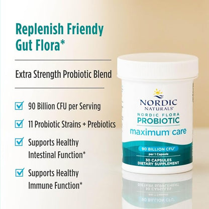Nordic Naturals Nordic Flora Probiotic Maximum Care, 30 Capsules, 11 Probiotic Strains for Daily Immune and Digestive Health Support, Vegan, 30 Servings