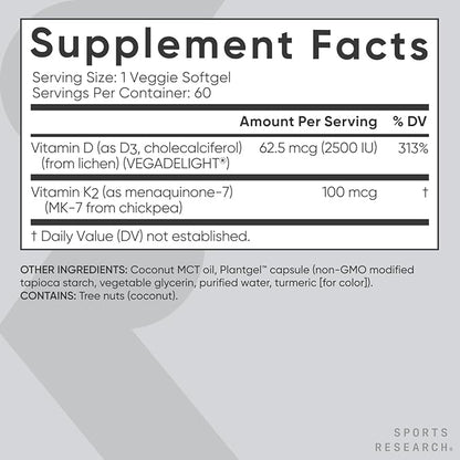 Sports Research® Vitamin D3 + K2 w/Coconut Oil - Vegan Vitamin D 2500iu (62.5mcg) & Mk7 Vitamin K 100mcg for Bone & Immune Support - Vegan Certified · Non-GMO · Soy Free - 60 Softgels