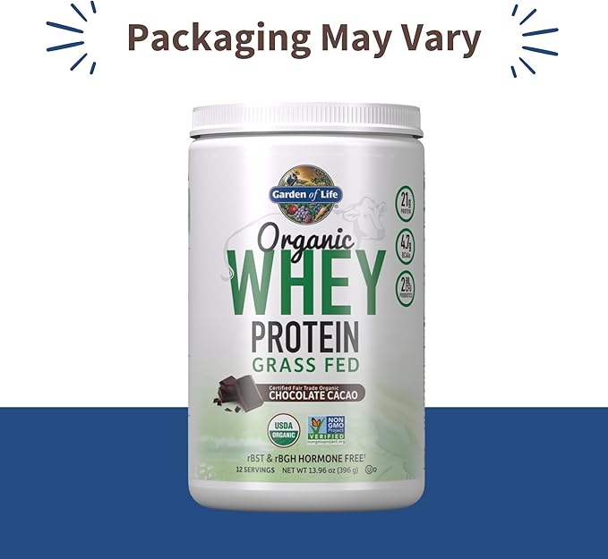 Garden of Life Organic Whey Protein Chocolate Grass Fed Protein Powder – 21g Muscle-Building Powder with Probiotics & BCAAs, Post-Workout Recovery, Hormone-Free, Non-GMO, Gluten-Free, 12 Servings