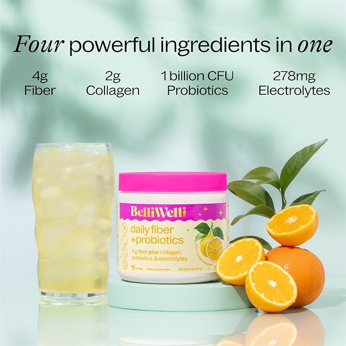 BelliWelli Fiber Supplement for Women & Men - Premium Daily Fiber Powder from Organic Acacia with Added Collagen, Electrolytes & Probiotics-No Bloat, Constipation & Gut Health Support (Yuzu Mandarin)