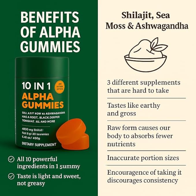 Alpha Gummies 10 in 1 for Men | 4000mg Himalayan Alpha Shilajit Gummies for Energy & Immune | 75% Fulvic Acid, 85+ Trace Minerals, Ashwagandha, Gokshura | No Added Sugar, Non-GMO, 60 Count (1)