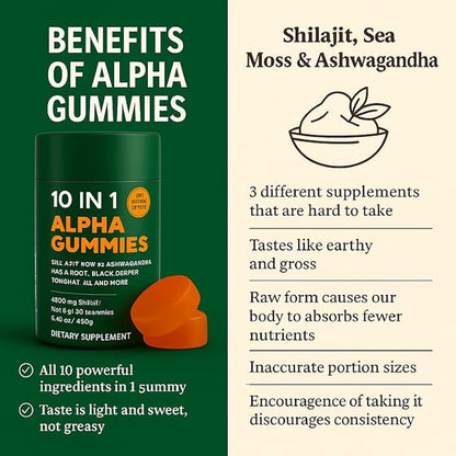 Alpha Gummies 10 in 1 for Men | 4000mg Himalayan Alpha Shilajit Gummies for Energy & Immune | 75% Fulvic Acid, 85+ Trace Minerals, Ashwagandha, Gokshura | No Added Sugar, Non-GMO, 60 Count (1)