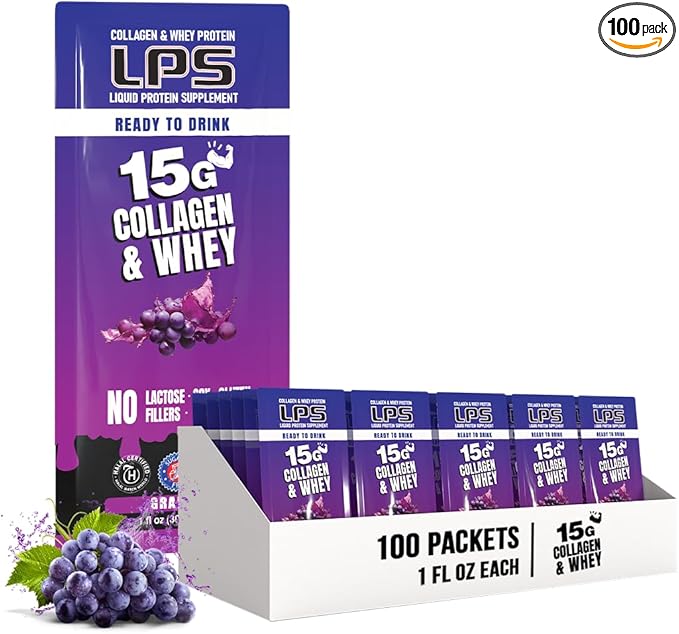 Nutritional Designs LPS Liquid Collagen & Whey Protein Supplement - Non-GMO Drink, Sugar-Free - Promotes Healthy Skin & Hair for Men & Women, Grape, Single Serve (100 Packets)