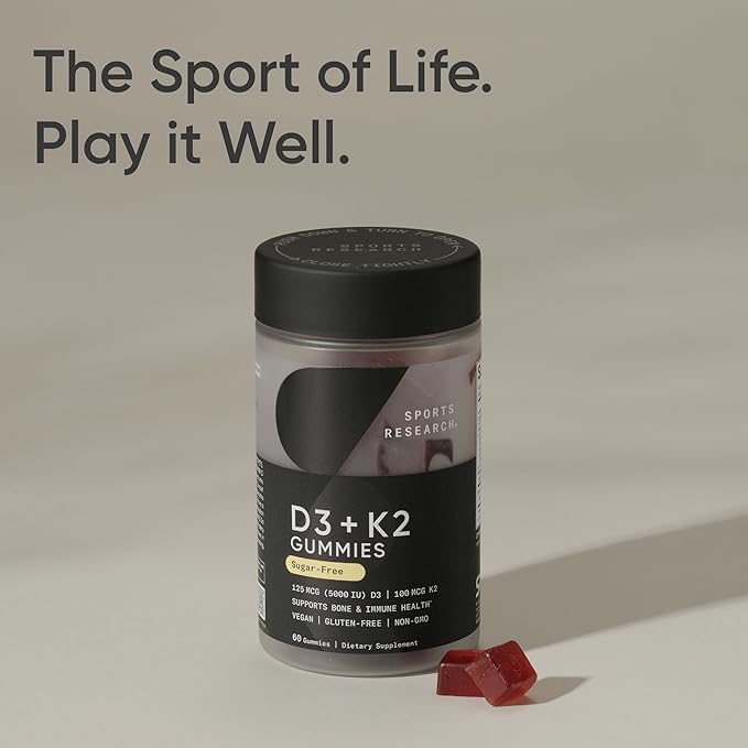 Sports Research® Vegan Vitamin D3 + K2 Sugar-Free Gummies - 125mcg (5000iu) Vitamin D w/ 100mcg Mk7 Vitamin K - Supports Bone & Immune Health* - Vegan Certified · Non-GMO · Soy Free - 60 Count