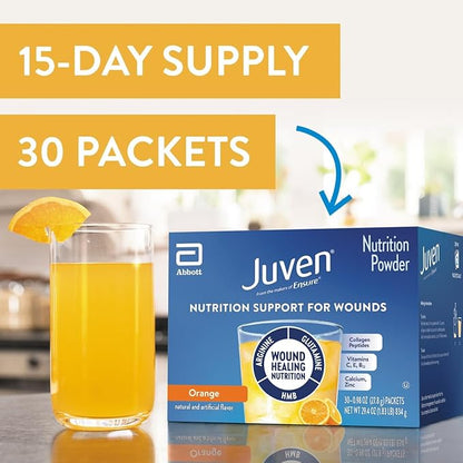 Juven Therapeutic Nutrition Drink Powder Including Collagen Peptides, Amino Acids, and HMB for Wound Healing Support, Orange, 30 Packets,(Pack of 2)