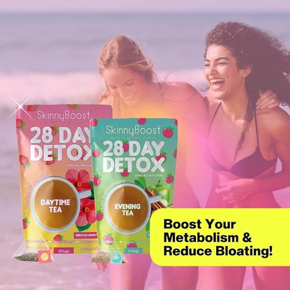 Skinny Boost Detox Tea Kit Slimming Tea for Weight, Metabolism, Energy, Bloating & Colon Cleanse – Green Tea, Herbal, Vegan, Keto, Non-GMO, Sugar-Free-2 PACK –1 Daytime Hibiscus (28 Bags) + 1 Evening Apple -(14 Bags)