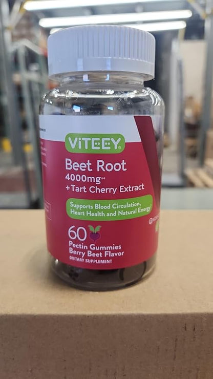 Viteey Beet Root Gummies 4000mg [from 80mg of 50:1 Extract] with Tart Cherry - for Healthy Blood Pressure Support - Vegan, Gelatin Free, Gluten Free-Tasty Chewable Berry Beet Flavored Gummy-120 Count