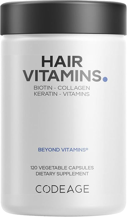Codeage Hair Vitamins 10000 mcg Biotin, Keratin, Collagen, Vitamin A, B12, C, D3, E, Zinc, Turmeric, Probiotics, Enzymes, Inositol - Hair Care Support - Healthy Hair Supplement Pills - 120 Capsules