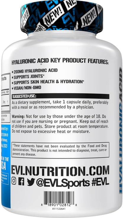 Evlution Vegan Dietary Hyaluronic Acid Supplement Nutrition 200mg Hyaluronic Acid Capsules Dry Skin Supplement for Women and Men for Itchy or Damaged Skin - High Potency Bioavailable Non GMO Formula