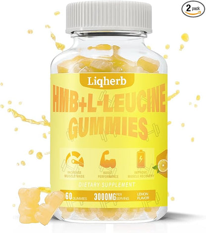 HMB and Leucine Gummies, with 3000mg HMB and L-Leucine Supplement for Muscle Recovery, Muscle Mass & Improve Endurance, for Men & Women, Non GMO, Vegan,Gluten Free, Lemon Flavor, 120 Gummies