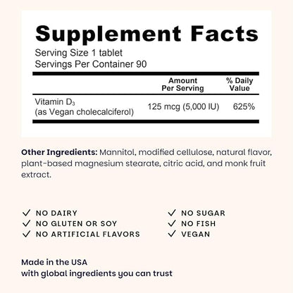 EZ Melts Dissolvable Vitamin D3 5,000 IU - Vegan Vitamin D Supplement for Bone & Teeth Support - No Artificial Flavors - Plant-Based & Non-GMO - Green Apple - 90 Dissolvable Tablets (90 Servings)