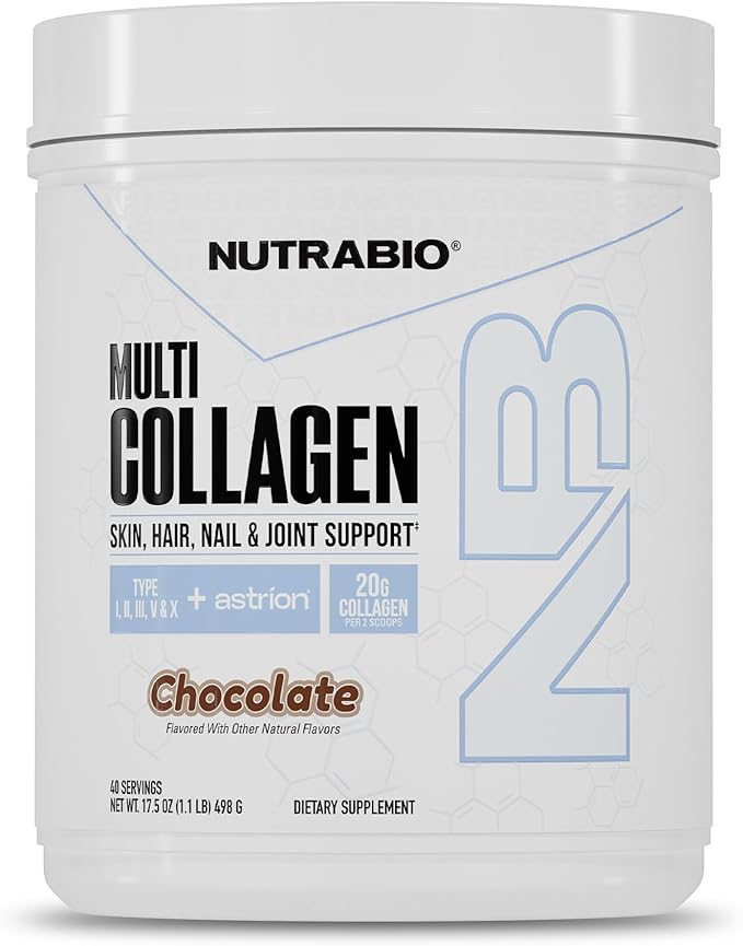 NutraBio Multi Collagen Powder- Hydrolyzed Collagen Peptides for Glowing Hair & Skin- Grass-Fed- Collagen Powder for Women and Men- 45 Servings- Chocolate