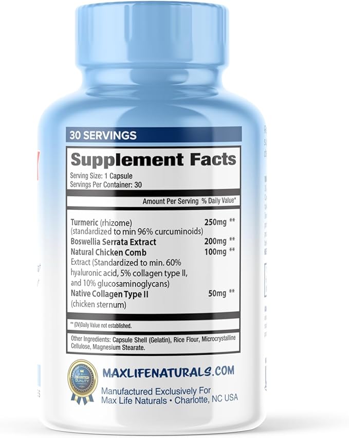 MAXLIFE NATURALS ArthroFlex Advanced Joint Health Supplement – 30 Capsules - Vital Joint Supplements for Women and Men, Type II Collagen Cartilage Supplement, Made in USA Health Care Supplements