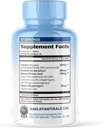 MAXLIFE NATURALS ArthroFlex Advanced Joint Health Supplement – 30 Capsules - Vital Joint Supplements for Women and Men, Type II Collagen Cartilage Supplement, Made in USA Health Care Supplements