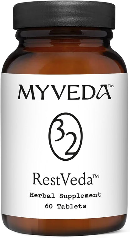 RestVeda 32™ Sleep Support – Ayurvedic Herbal Tablets with Ashwagandha, Brahmi, Valerian & More. Natural, Vegan, Non-Habit Forming Formula for restful, rejuvenating Sleep. 60 Tablets.