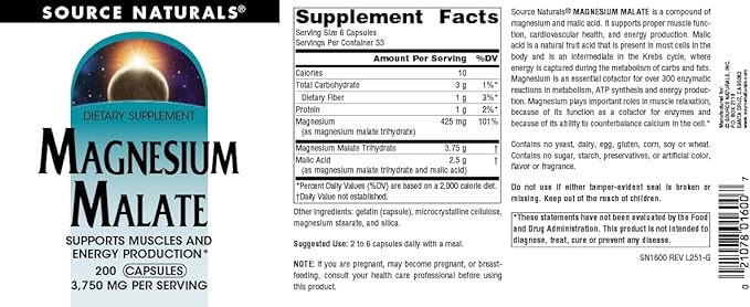 Source Naturals Magnesium Malate, Supports Muscles and Energy Production*, 3750 MG - 200 Capsules