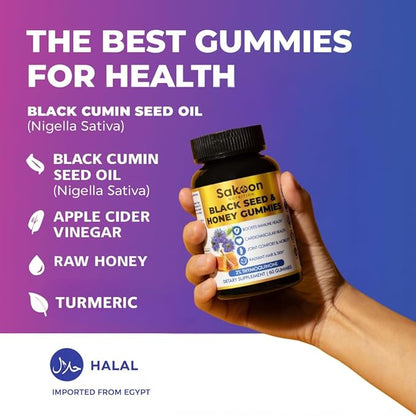 Sakoon nutrition Black Seed Oil Gummies with Honey and W/ 2%+ THYMOQUINONE - Nigella Sativa Seeds - Super antioxidant for Immune Support, Joints, Digestion, Hair & Skin - 60 Gummies