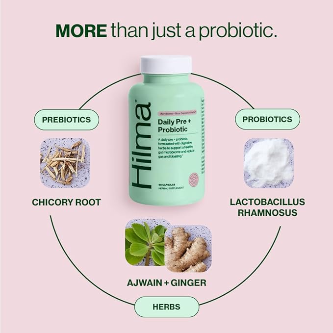 Hilma Pre and Probiotic with Herbs - Support Gut Health with Prebiotics and Probiotics, Plus Gas and Bloating Relief for Women & Men, 60 Vegan Capsules
