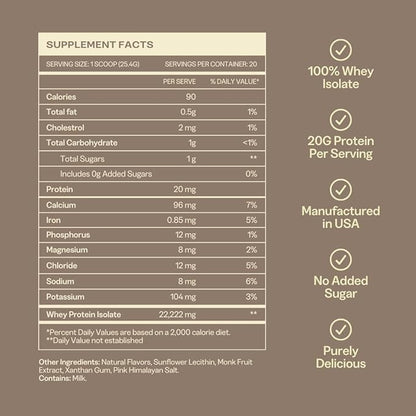 Whey Protein Isolate for Women, 20g Protein, 0g Sugar, 90 Calories, Stevia-Free, Grass-Fed & Pasture Raised, Chocolate 1 lb