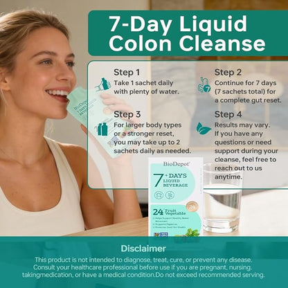 7 Days Colon Cleanse Liquid Beverage Gut Health Detox & Clean for Women & Men, 24 Fruit Vegetable Complex Probiotic Drink for Bowel Movements, Immune Support, Gut Flora Improvemen Supplement