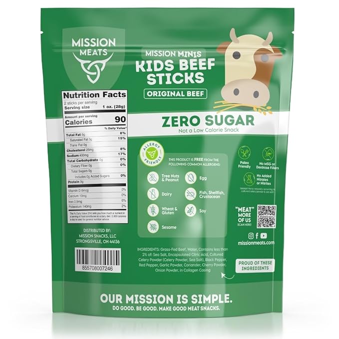 Mission Meats Kids Beef Sticks, 100% Grass Fed, Healthy Snacks for Kids, Zero Sugar, 9g Protein per Serving, Gluten & Nut Free, Individually Wrapped, Mini 0.5oz (72ct Bag)