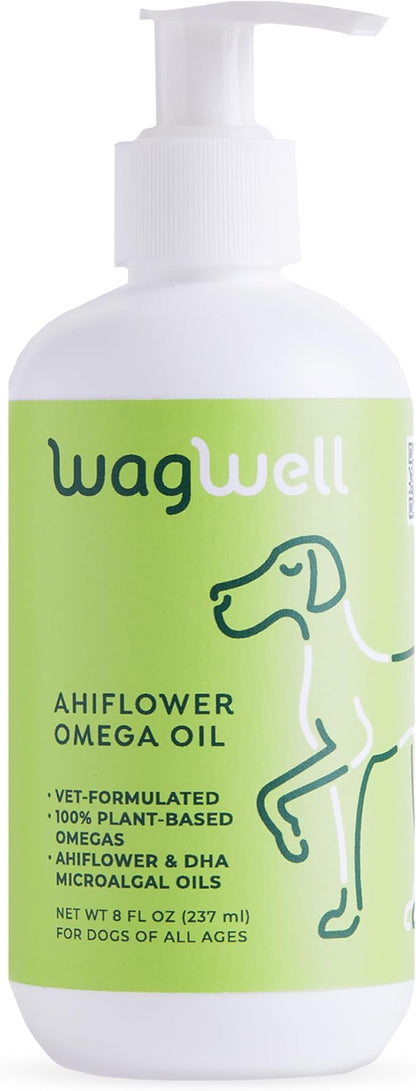 WagWell Ahiflower Omega Oil for Dogs | Vet-Formulated Health Supplement for Joints, Skin, Coat | Plant-Based Omega 3-6-9 Food Topper | for Dogs of All Ages & Sizes, All Natural, Made in USA | 8 fl oz