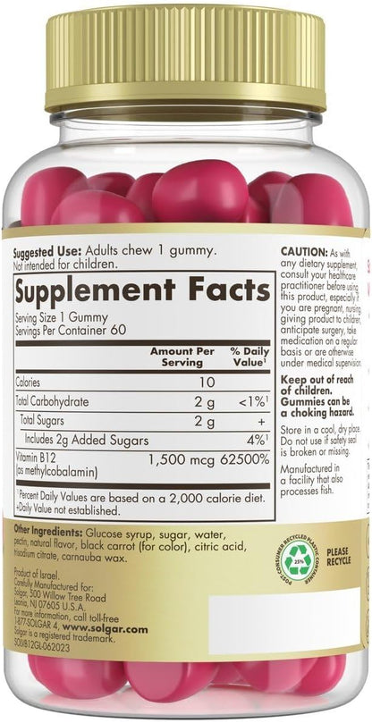Solgar Methyl B12 Gummies for Adults 1,500mcg Ultra Potency Vitamin for Energy & Metabolism Support, Raspberry Flavor, Vegan & Gluten-Free Gummy for Women & Men, 2 Month Supply, 60 Servings, 2g Sugar