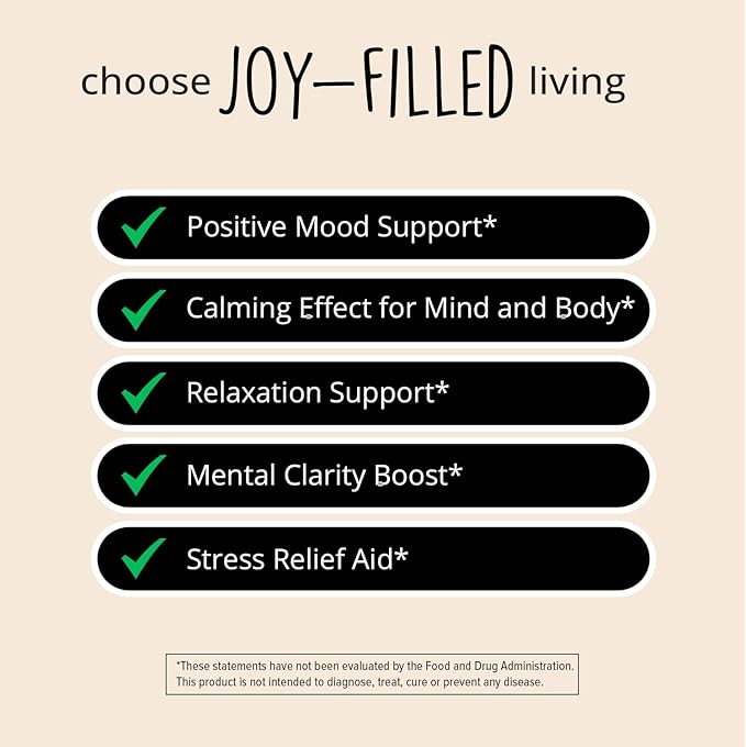 Joy-Filled Mood Support Supplement - 7 Herb Complex + St. Johns Wort | Stress Relief – Helps Calm The Mind & Body | 100% Plant-Based Happy Pills, Ashwagandha, Rhodiola Rosea | Adaptogens, 60 Ct