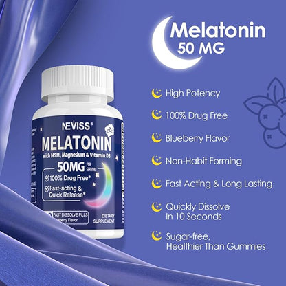 NEVISS Melatonin 50 mg for Adults - Extra Strength 9-in-1 Fast Dissolve Sublingual - High Dose with Magnesium Glycinate, Vitamin D3, Ashwagandha, Lemon Balm, Chamomile, Sugar Free,Vegan 120 Tablets