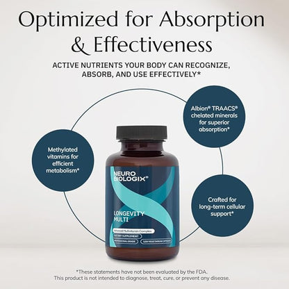 Neurobiologix Longevity Multi, Daily Multivitamin for Men & Women, Over 40 Vitamins & Minerals, NR, CoQ10 & Active B, Iron Free Vitamins for Women & Men for Energy & Wellness, 120 Capsules