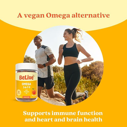 BeLive Organic Omega 3 Gummies - 180 Ct I Vegan Omegas 3 6 7 & 9 from Flaxseed Oil & Sea Buckthorn Fruit Oil, for Kids & Adults, Full Body, Brain & Eye Support, Sugar Free – Peach Flavor