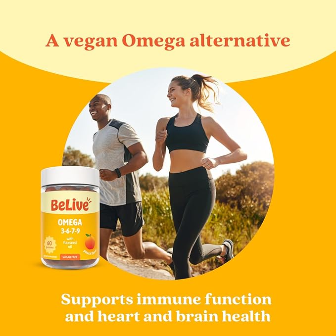 BeLive Organic Omega 3 Gummies - 300 Ct I Vegan Omegas 3 6 7 & 9 from Flaxseed Oil & Sea Buckthorn Fruit Oil, for Kids & Adults, Full Body, Brain & Eye Support, Sugar Free – Peach Flavor