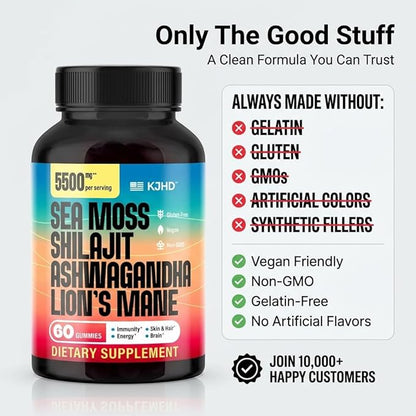 KJHD Shilajit Ashwagandha Gummies with Sea Moss, Beet Root, Lion’s Mane Mushroom & Black Seed Oil – Organic Herbal Superfood Supplement – 60 Vegan Gummies