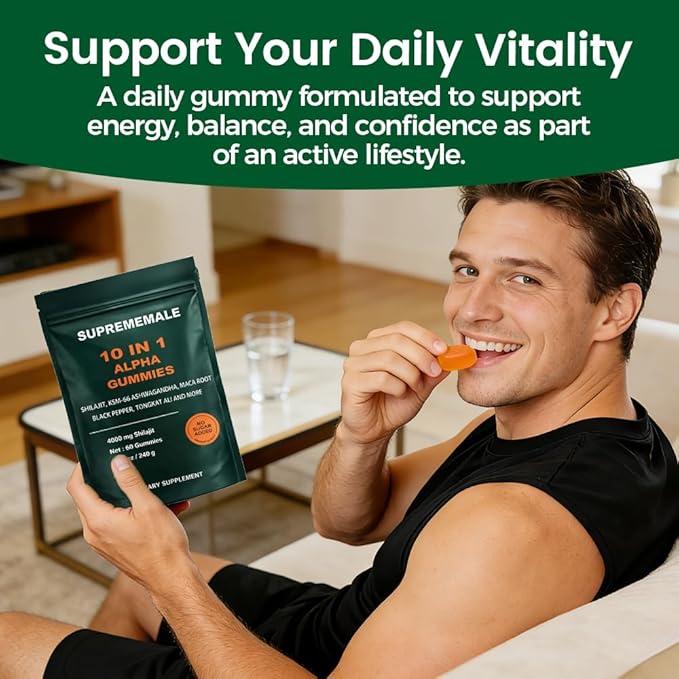 SupremeMale 10 in 1 Alpha Gummies, Alpha Shilajit Gummies for Men, Supports Daily Energy, 60 Count(1 PC)