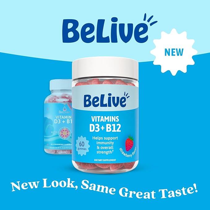 BeLive Vitamin D3 Gummies with B12 Vitamins - Immune Support Gummies with Vegan Vitamin B12 & D3, Provides Enhanced Bone & Muscle Strength, Hearth Health and Energy - Strawberry Flavor | 2-Pack