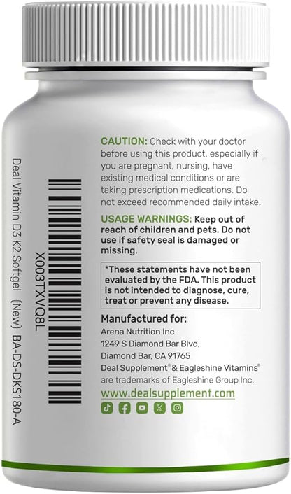 DEAL SUPPLEMENT Vitamin D3 5,000 IU + K2 MK7 Softgels, 250 Count | 2-in-1 Complex | Easy to Swallow