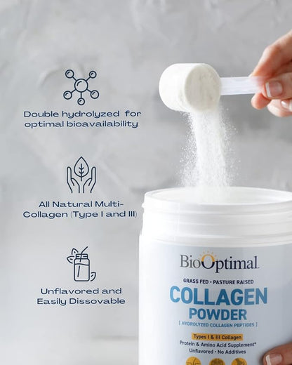 BioOptimal Collagen Peptides Powder - Grass-Fed, Pasture-Raised Hydrolyzed Protein Supplement for Skin, Hair, & Nails - Non-GMO, Zero Sugar Daily Supplement for Men & Women (30 Servings)