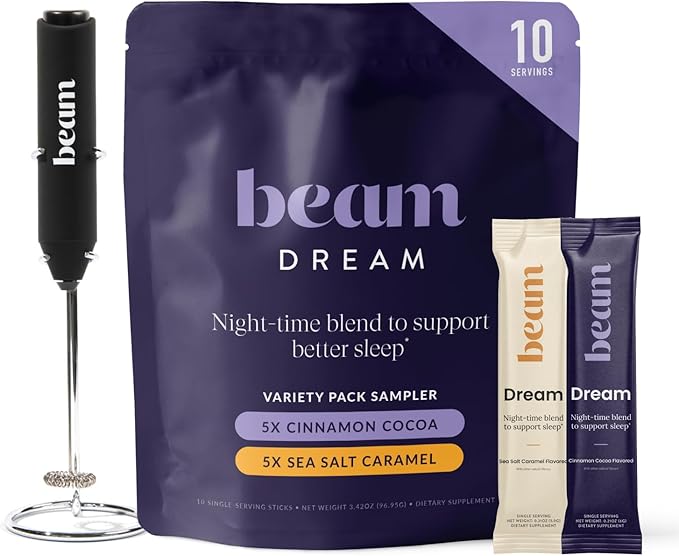 Beam Dream Sleep Powder – Sleep Aid for Adults with Melatonin, Magnesium, L-Theanine, Reishi Mushroom & Apigenin Sleep Supplement, Sleepy Cocoa Bedtime Drink Mix, Starter Set, 10 Servings & Frother