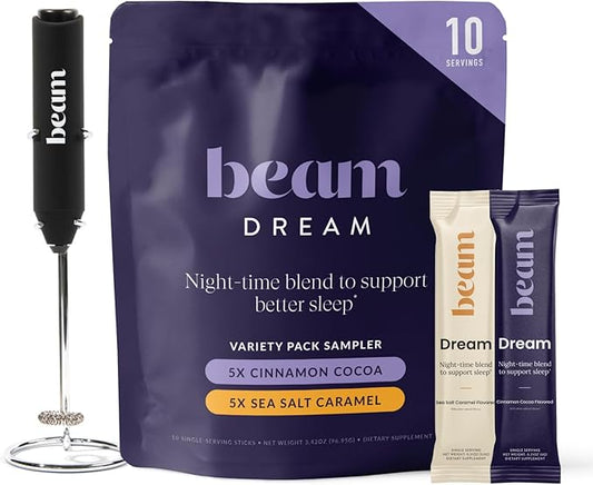 Beam Dream Sleep Powder – Sleep Aid for Adults with Melatonin, Magnesium, L-Theanine, Reishi Mushroom & Apigenin Sleep Supplement, Sleepy Cocoa Bedtime Drink Mix, Starter Set, 10 Servings & Frother