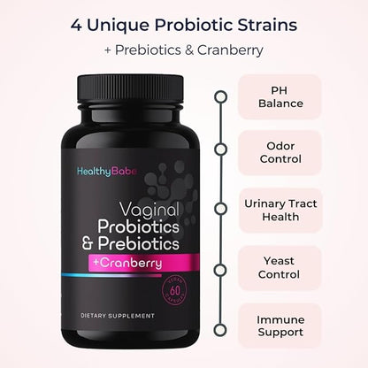 Healthy Babe Vaginal Probiotics for Women + Prebiotics & Cranberry Pills, pH Balance, Healthy Odor, Yeast, Immune Support, Positive Microbiome Health, Women’s Acidophilus Probiotic, 60 Vegan Capsules