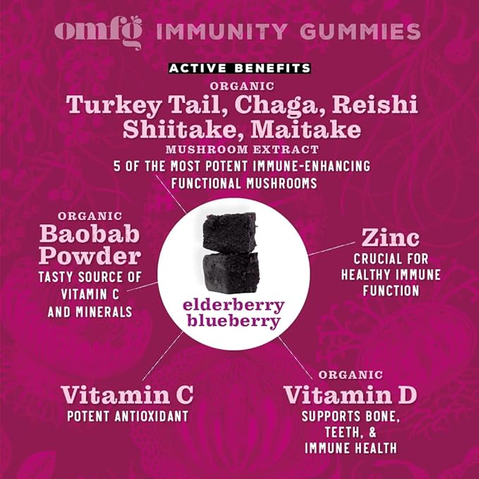 Mushroom Supplement Gummies for Immunity – Reishi, Turkey Tail, Chaga, Zinc, D3 – Vegan Gummy for Healthy Immune Support - Elderberry Blueberry Flavor (60 Count)
