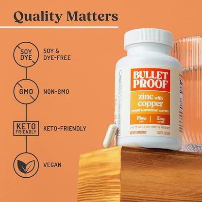 Bulletproof Zinc with Copper Capsules, 120 Count, Minerals and Antioxidant Supplement for Immunity and Mood