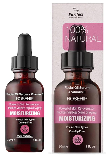 Purifect Rosehip Moisturizing Facial Oil Serum for Skin - Support for Acne Scars & Wrinkles, Moisturizes and Repairs, Naturally Fortified with Retinol (Vitamin A) & Vitamin E - 1 fl oz