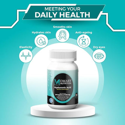 Hyaluronic Acid Supplement, Natural Skin Hydration, Advanced Joint Support and Mobility Booster, Type II Hydrolyzed Collagen, Turmeric, Glucosamine, Chondroitin, 30Caplets