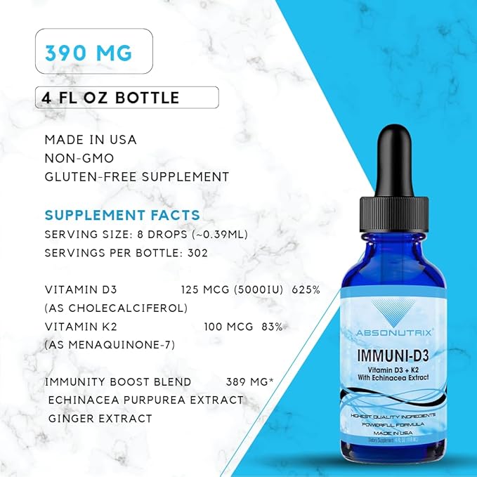 Absonutrix Vitamin D3 K2 Drops, 390mg, 4 Oz Liquid, 302 Servings, Made in USA, Quick Absorption, Quality Potent Ingredients, Non-GMO, GMP Certified, Cruelty-Free Products, (Immuni-D3)