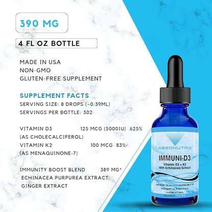 Absonutrix Vitamin D3 K2 Drops, 390mg, 4 Oz Liquid, 302 Servings, Made in USA, Quick Absorption, Quality Potent Ingredients, Non-GMO, GMP Certified, Cruelty-Free Products, (Immuni-D3)